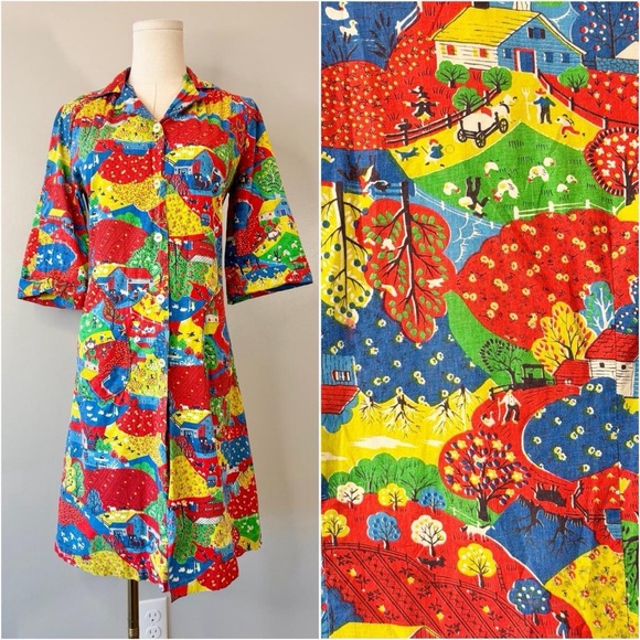 Vintage Tops - Vintage 1970s Novelty Print Tunic Shirt Jacket Farm Rainbow Retro 70s Groovy